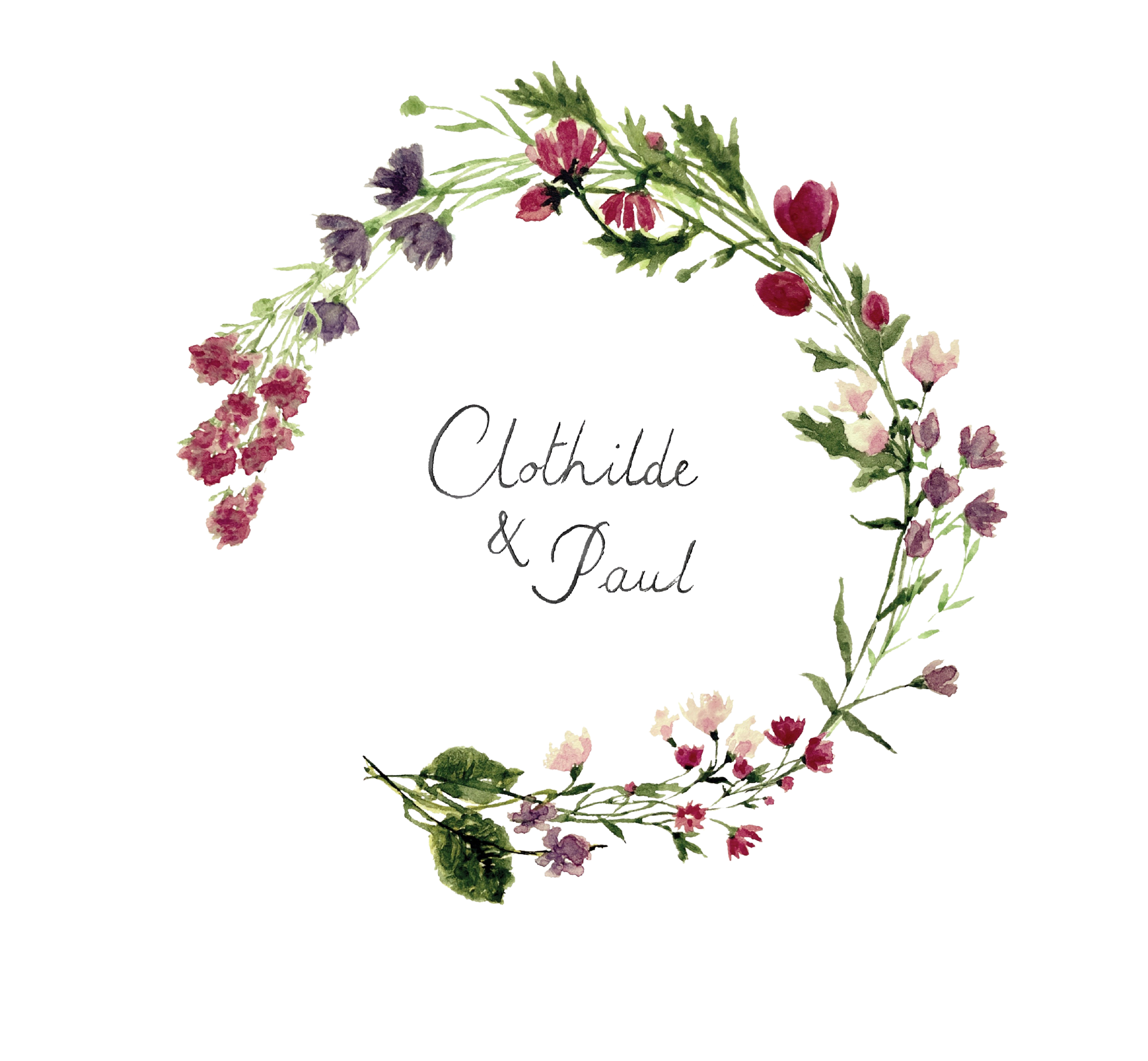 Une couronne de fleur à l'intérieur de laquelle est marqué Clothilde et Paul